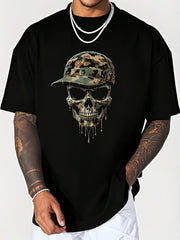 Men's Camo Skull T-Shirt, Cool Skeleton with Sunglasses & Cap Graphic Tee, Dripping Skull Casual Short Sleeve Top