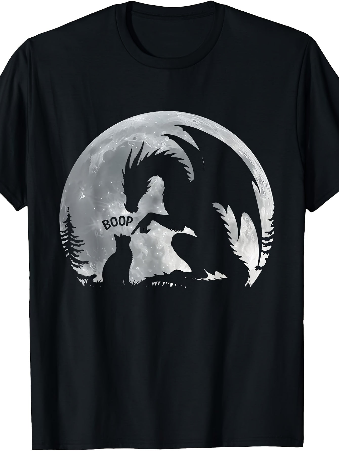 Women's Dragon Cat Moon Graphic T-Shirt, Casual Short Sleeve Crew Neck Tee, Fantasy Night Scene Printed Top for Fall Daily Wear