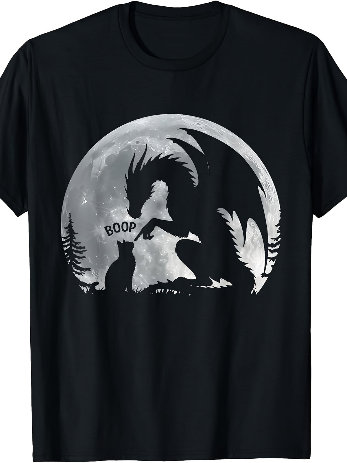 Women's Dragon Cat Moon Graphic T-Shirt, Casual Short Sleeve Crew Neck Tee, Fantasy Night Scene Printed Top for Fall Daily Wear