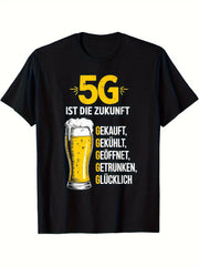 Men's Funny 5G Beer T-Shirt, “5G IST DIE ZUKUNFT” Beer Mug Graphic Print Crew Neck Short Sleeve Casual Drinking Tee