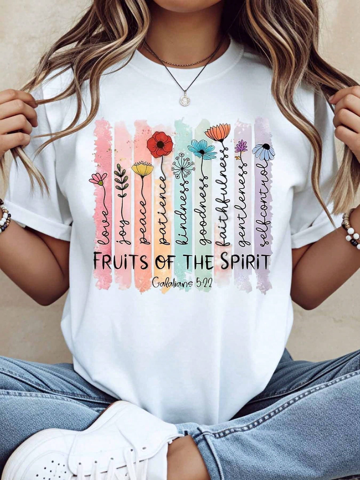 Women's Christian Fruits of the Spirit Graphic T-Shirt, Floral Bible Verse Galatians 5:22 Faith Inspirational Crew Neck Short Sleeve Cotton Tee, Religious Gift for Women