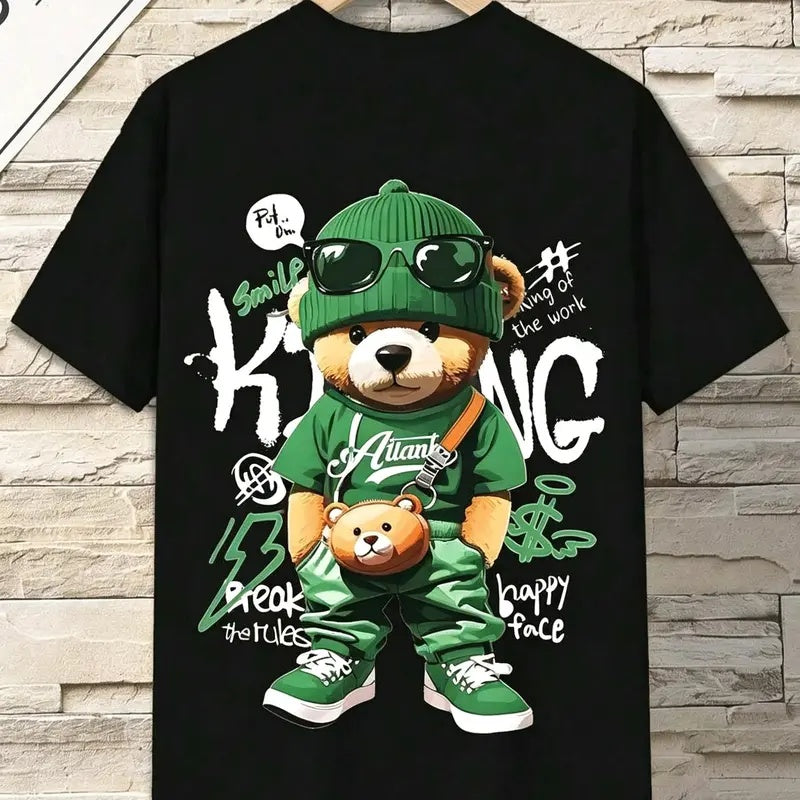 Bear Alphabet Print Breathable Cotton Short Sleeve Tee Crew Neck Top