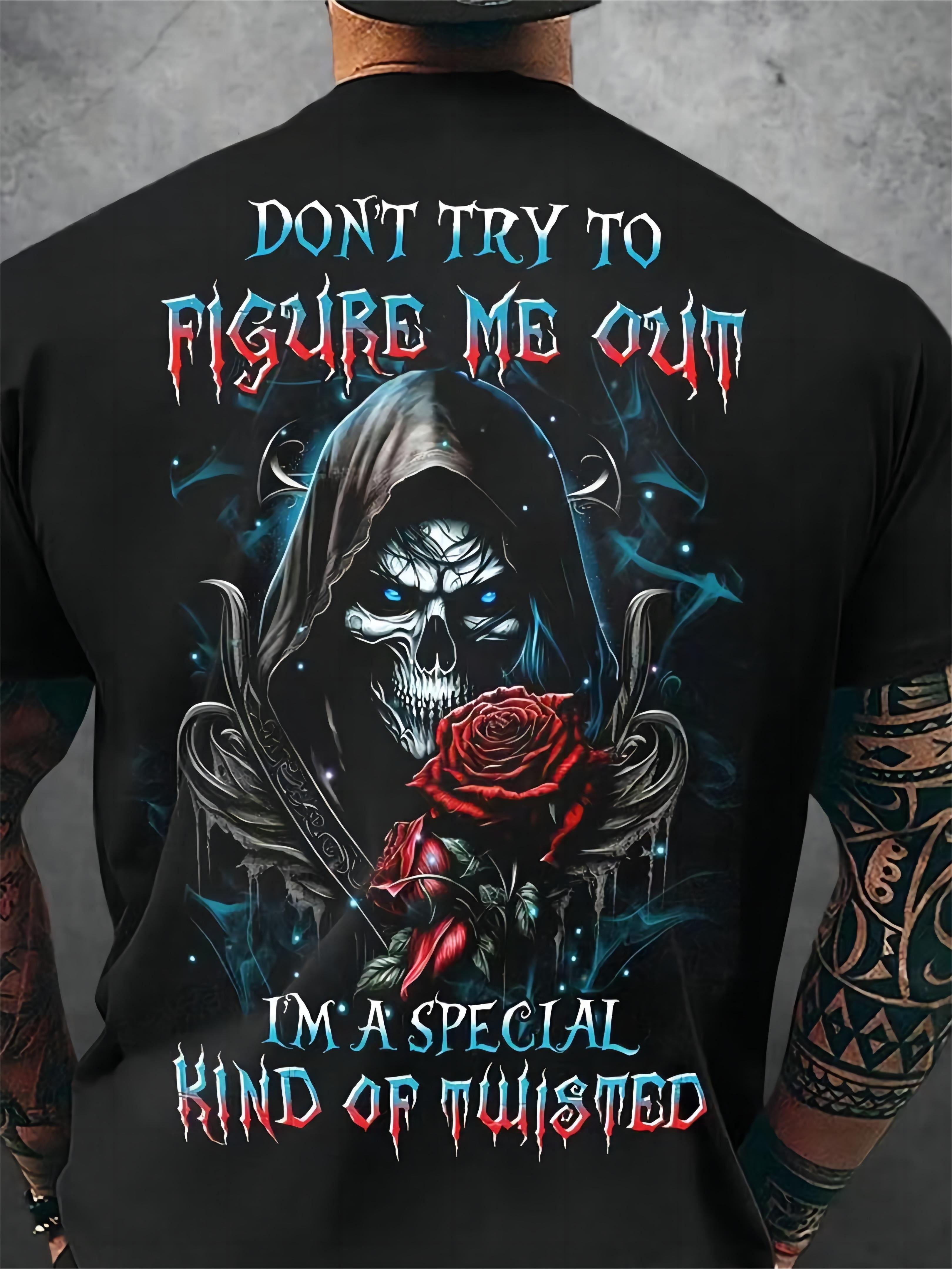 Men's Gothic T-Shirt, Grim Reaper Skull Rose Graphic Print, Casual Round Neck Short Sleeve Top, Edgy Rock Style Tee