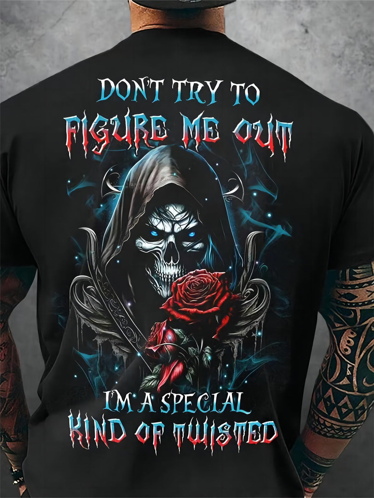 Men's Gothic T-Shirt, Grim Reaper Skull Rose Graphic Print, Casual Round Neck Short Sleeve Top, Edgy Rock Style Tee