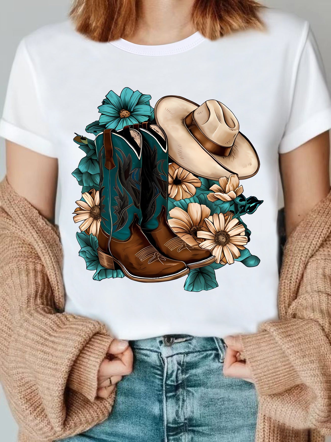 Women's Western Cowgirl Print T-Shirt, Cowboy Boots and Hat Graphic Tee, Turquoise Flower Country Style Crew Neck Short Sleeve Casual Top