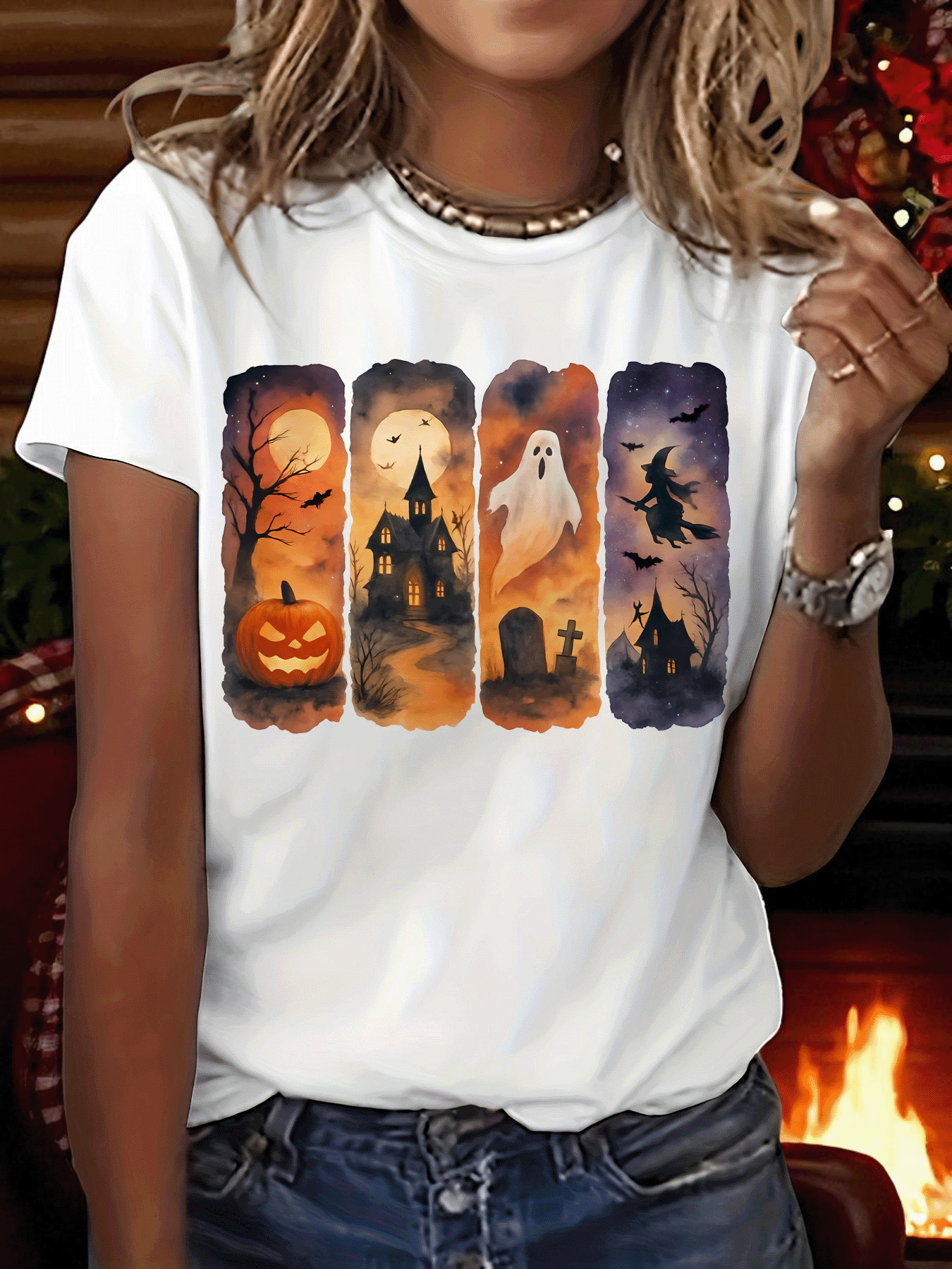Graphic T-Shirt Featuring a Spooky Halloween Theme with Pumpkins, Castles, Ghosts, And Witches, Designed As a Casual Short-Sleeve Crew Neck Top Suitable for Any Season