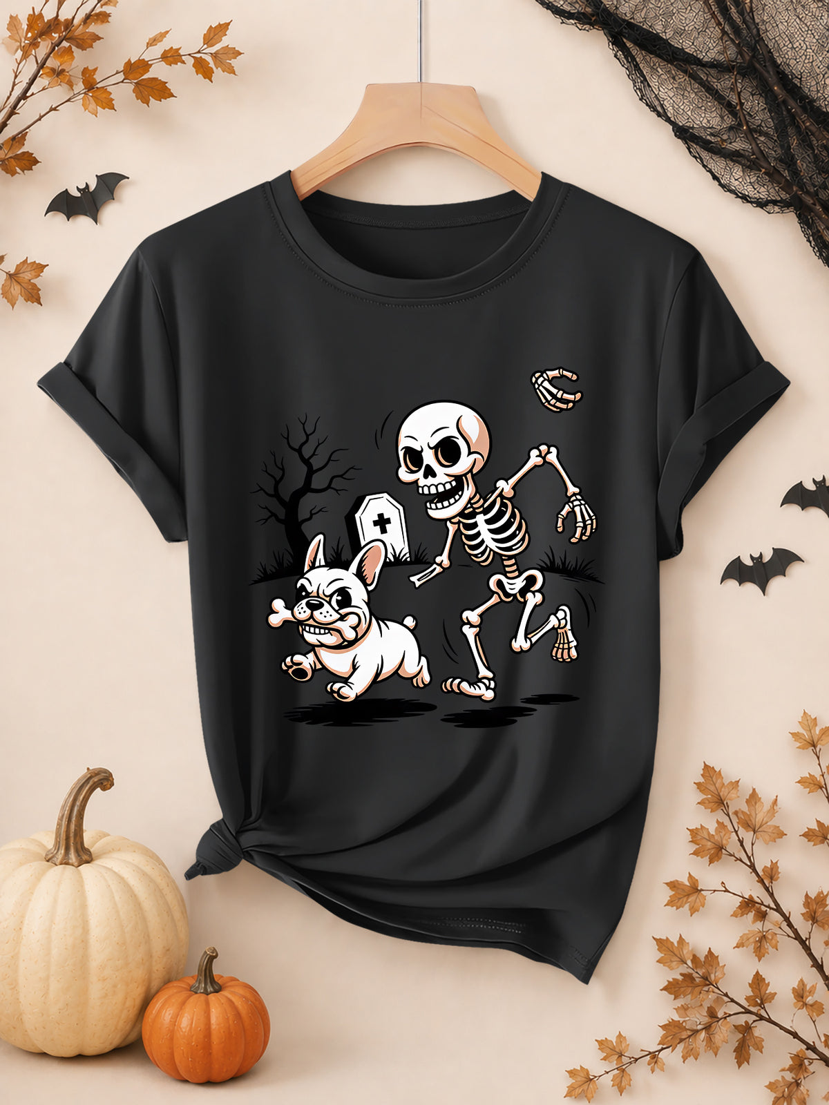 Women's Halloween Skeleton French Bulldog T-Shirt, Funny Graveyard Running Dog Graphic Short Sleeve Tee