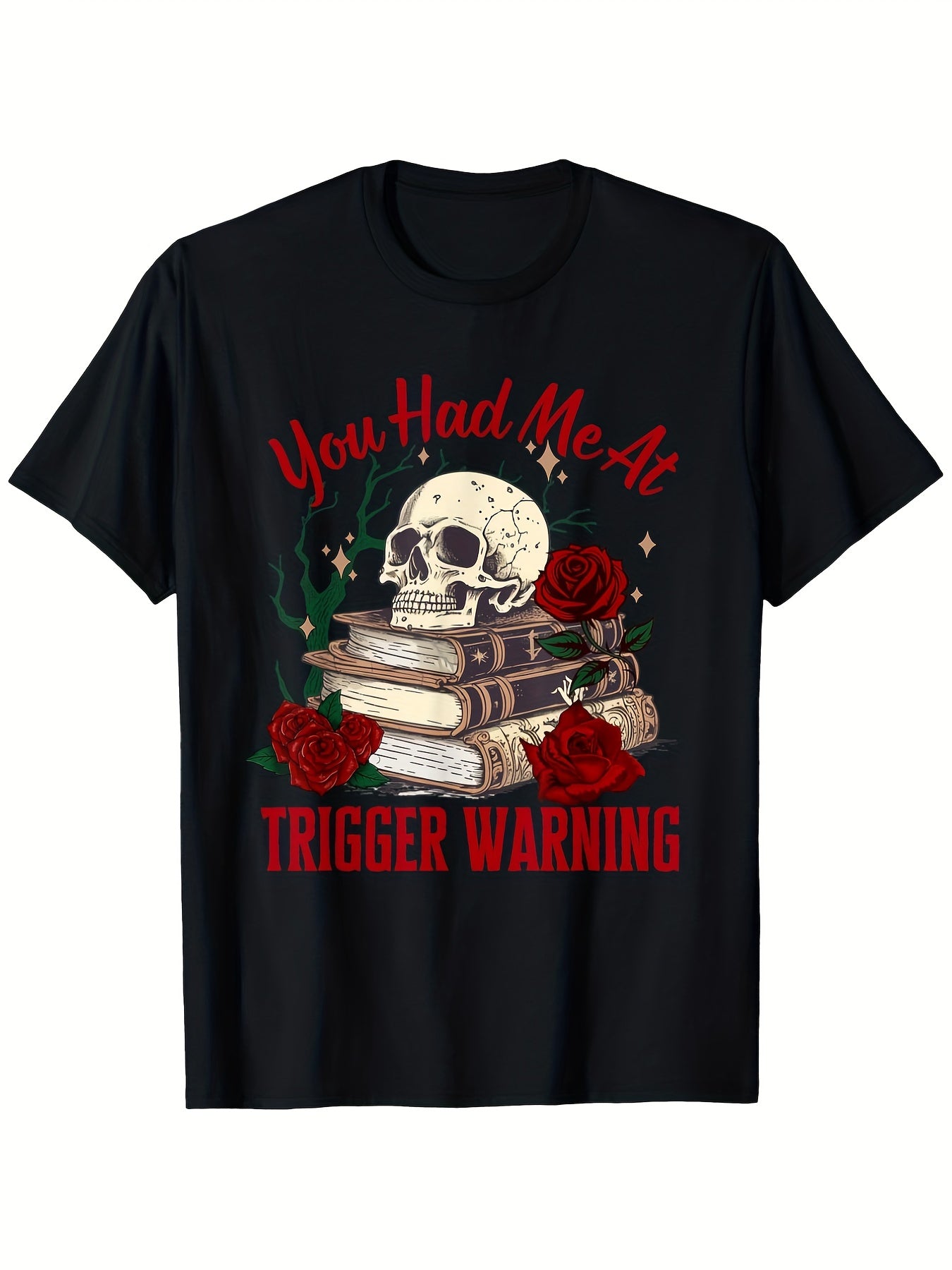 Men's You Had Me At Trigger Warning Skull Red Roses Vintage Books Graphic T-Shirt, Gothic Casual Short Sleeve Tee