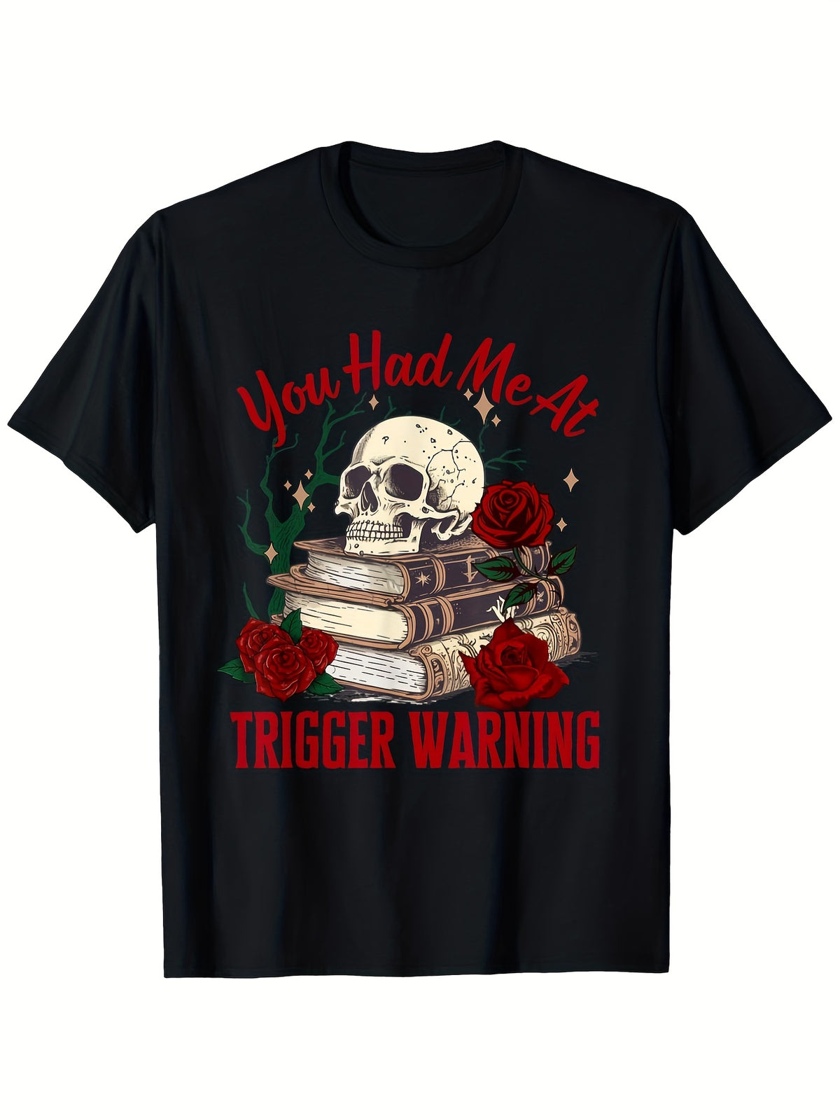 Men's You Had Me At Trigger Warning Skull Red Roses Vintage Books Graphic T-Shirt, Gothic Casual Short Sleeve Tee