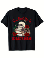 Men's You Had Me At Trigger Warning Skull Red Roses Vintage Books Graphic T-Shirt, Gothic Casual Short Sleeve Tee