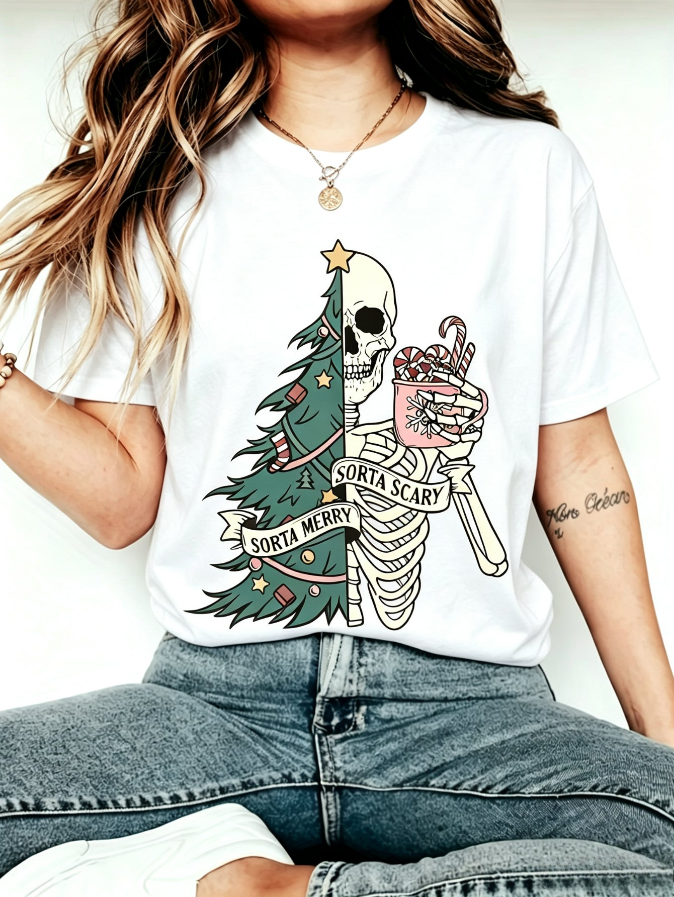 Unisex Gothic Holiday Graphic Tee, Sorta Merry Sorta Scary Split Tree Skeleton Hot Cocoa Spooky Christmas Short Sleeve T-Shirt
