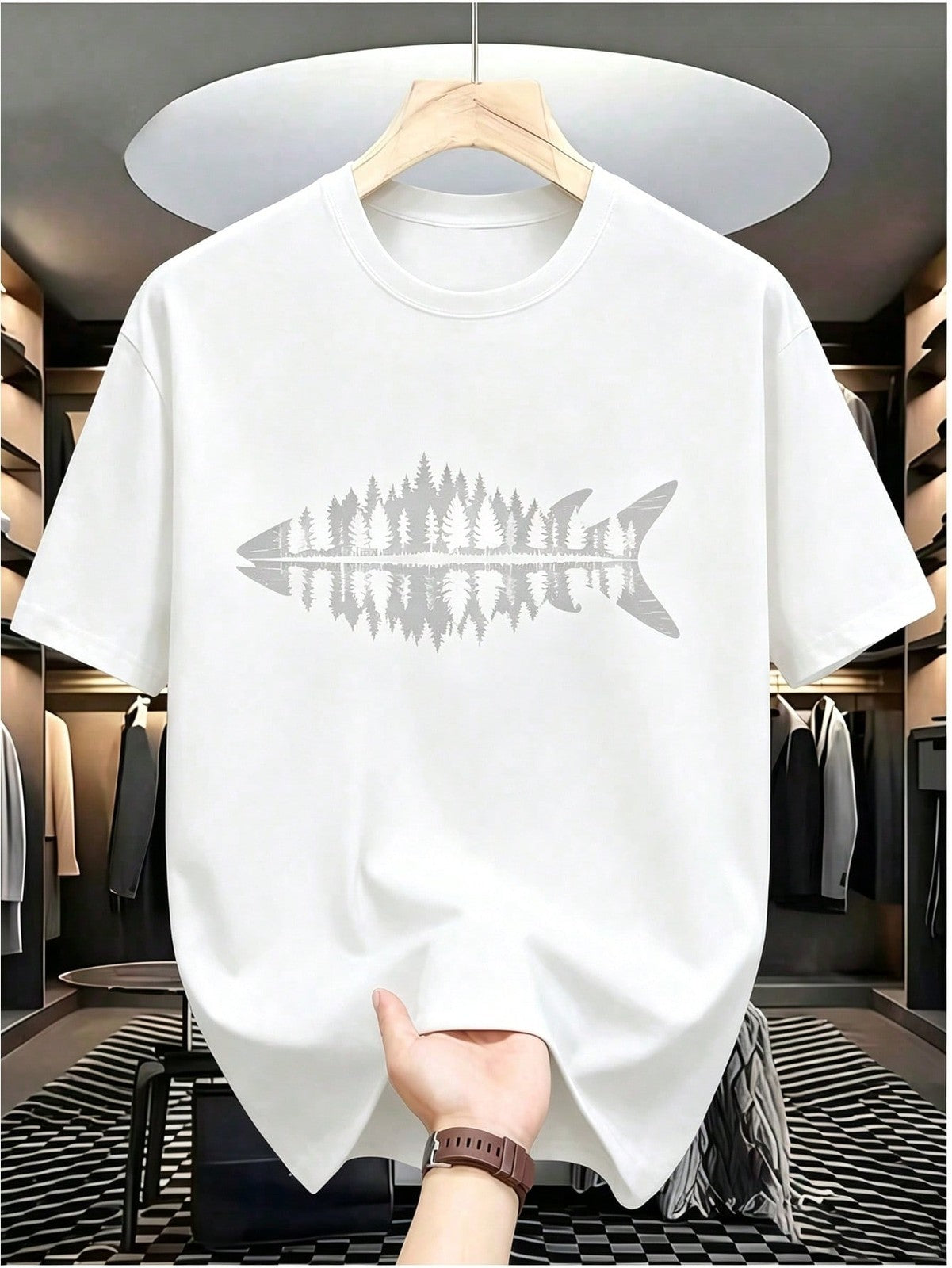 Mens Clothes Fish Forest Print Black TShirt, Unisex Casual Crew Neck Tshirt