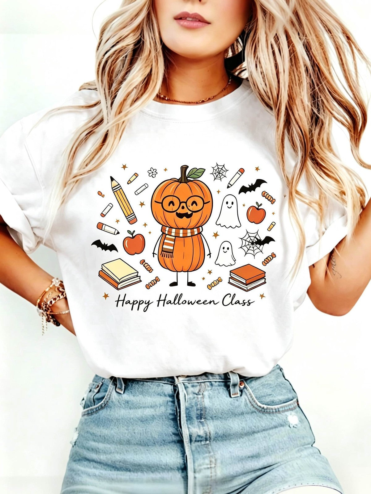 Halloween Teacher T-Shirt Cute School Supplies Witch Pencil Tee