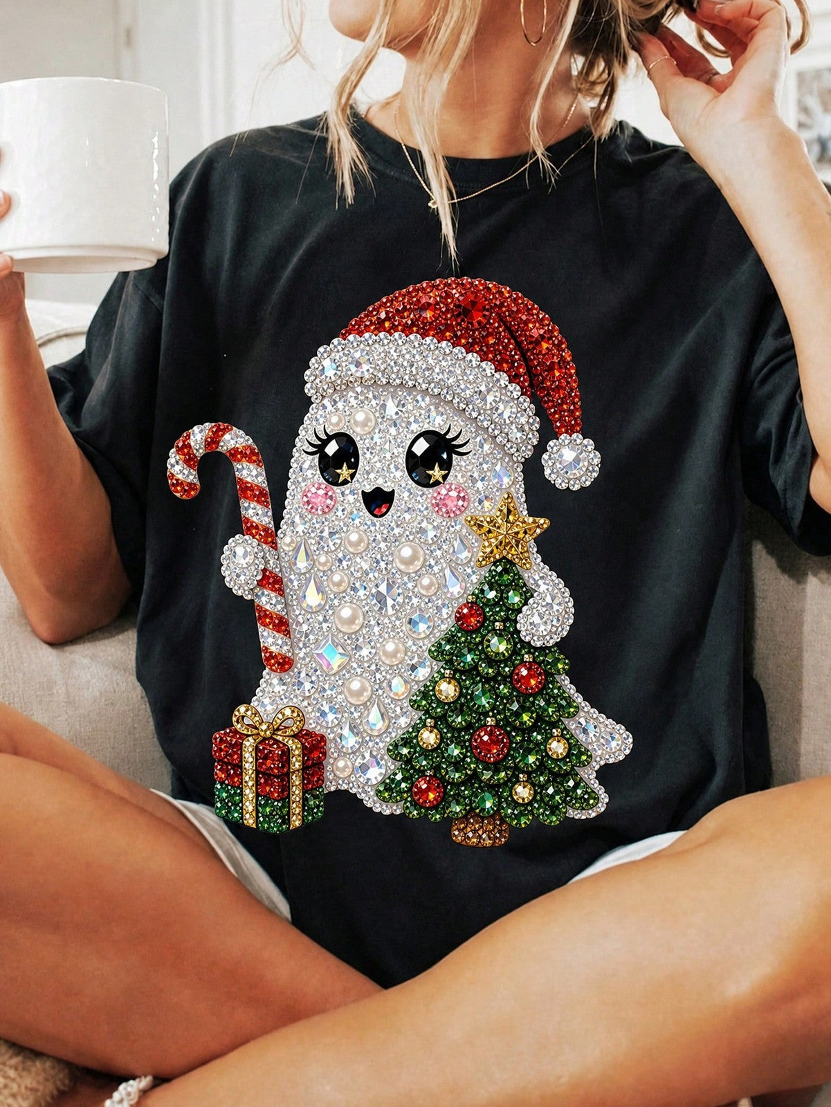Women's Cute Christmas Ghost Rhinestone Print Crew Neck T-Shirt