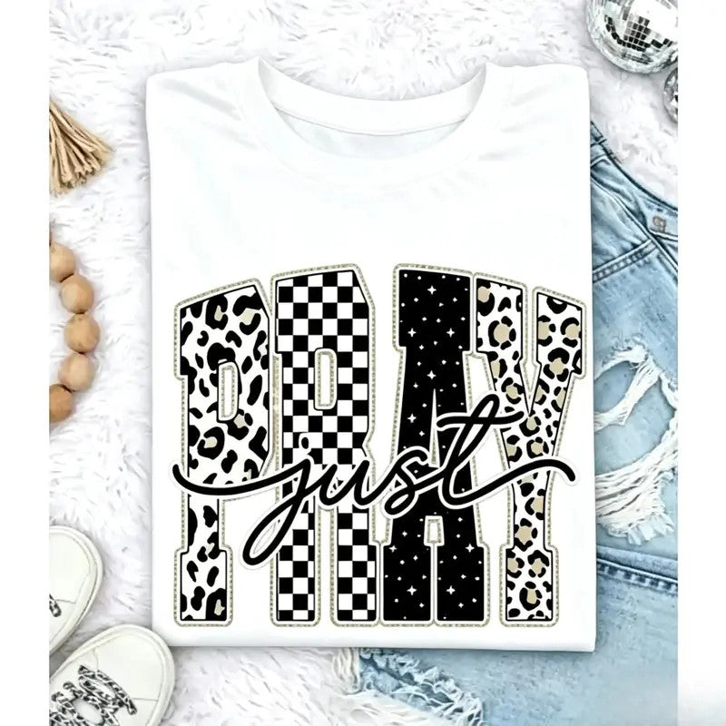 Leopard-Checkered Pattern Round Neck Personalized Letter Print Short Sleeve