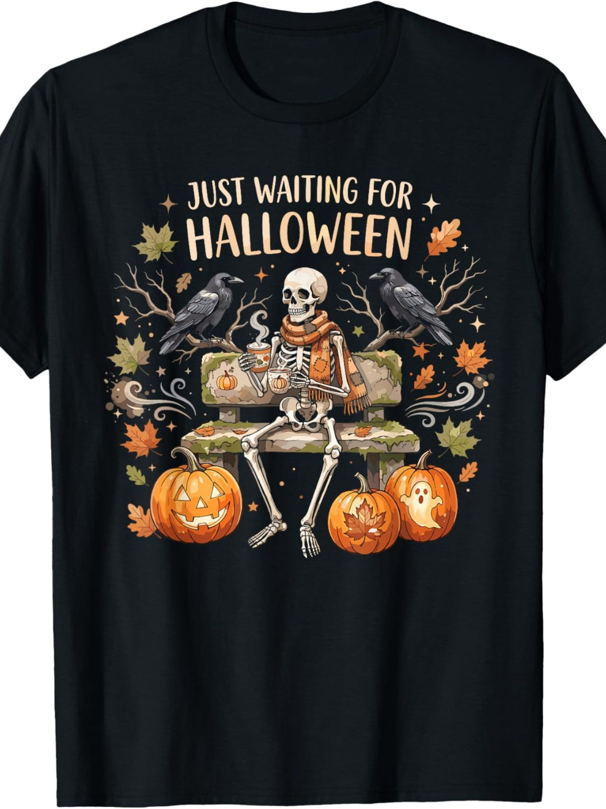 Just Waiting for Halloween Shirt, Fun Skeleton Pumpkin Latte T-Shirt