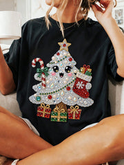 Women's Christmas Graphic T-Shirt,Rhinestone Santa, Candy Cane And Gift Print