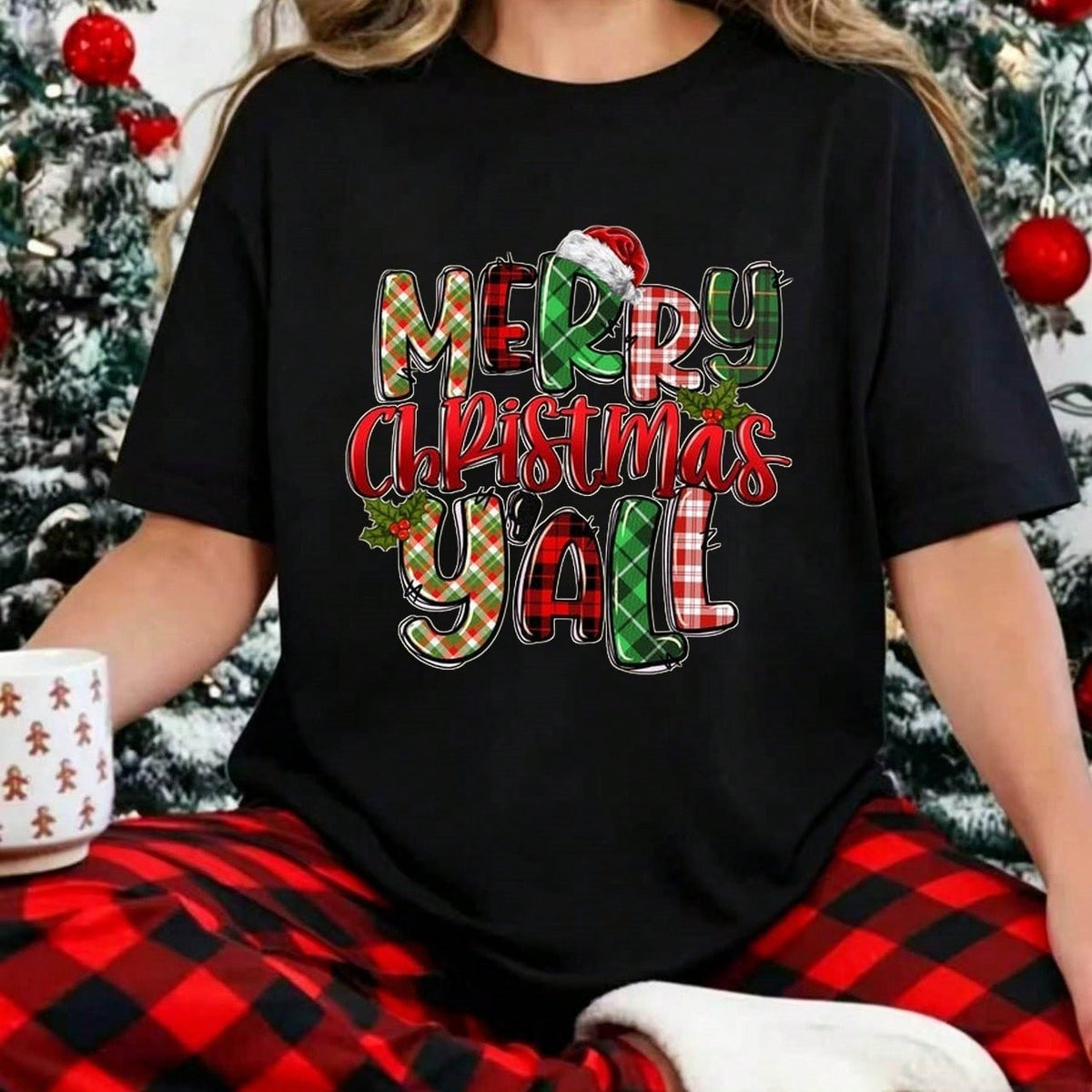 Women's Merry Christmas Y'All Plaid Santa Hat Print Short Sleeve Tee