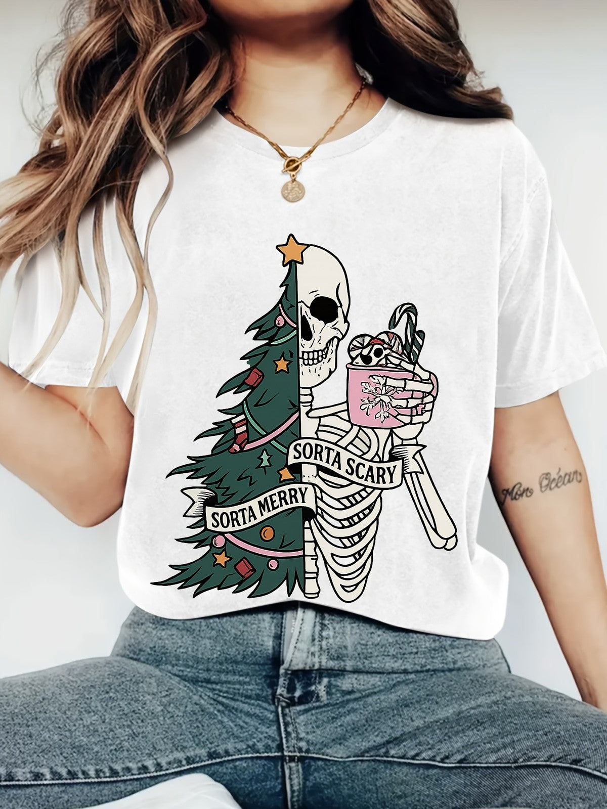 Sorta Merry Sorta Scary Skeleton Christmas Tree Women Graphic T-Shirt