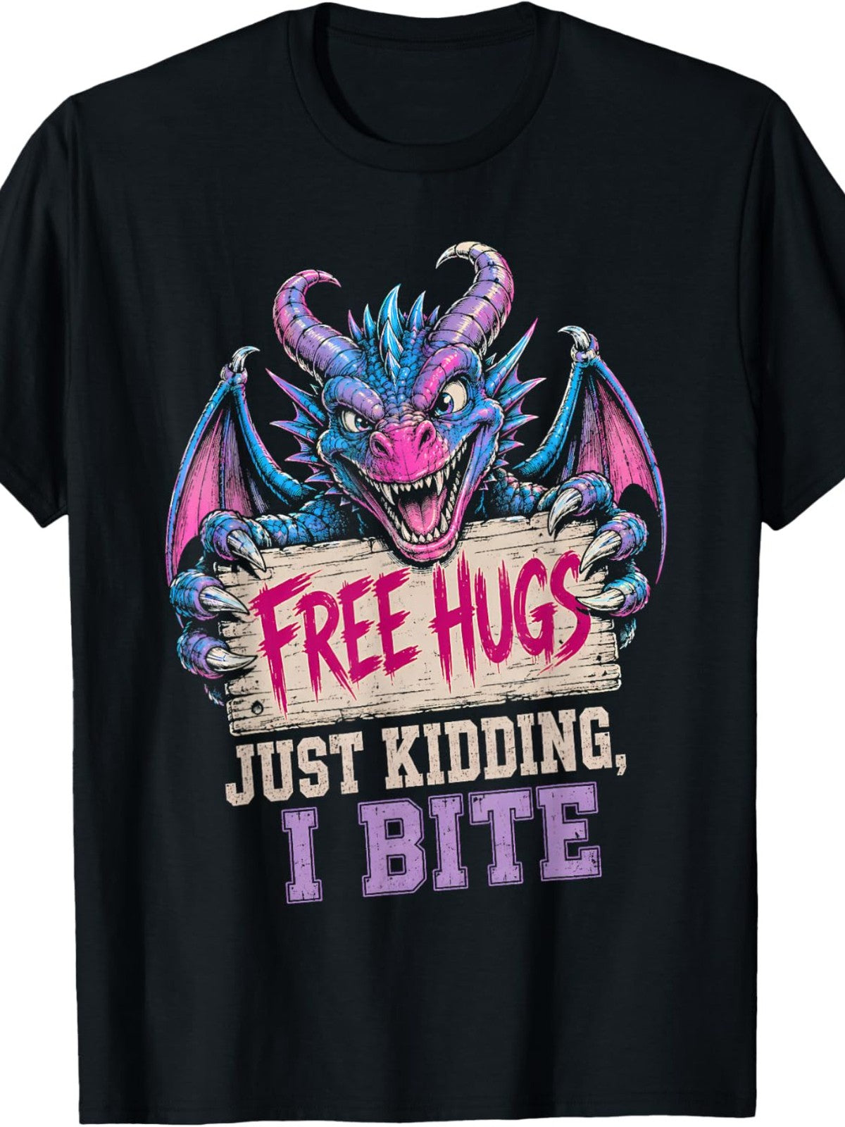Funny "Free Hugs Just Kidding I Bite" Dragon T-Shirt for Men & Women