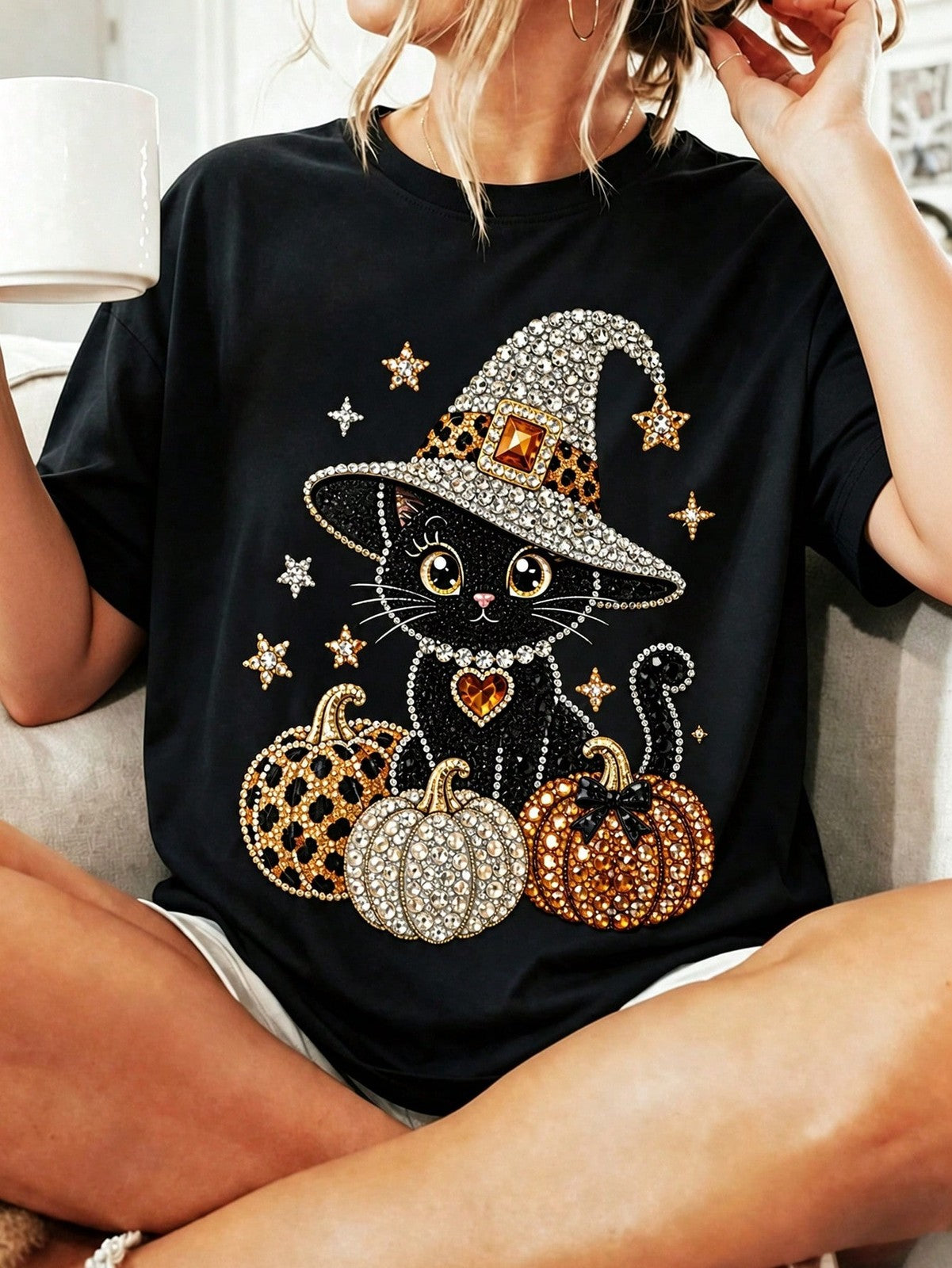 Women Halloween Cute Rhinestone Pearl Black Cat WitchHat Bow Print Crew Neck Tee