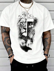 Man S' Lion Cross Print Black TShirt, Crew Neck, Casual Cotton Tee