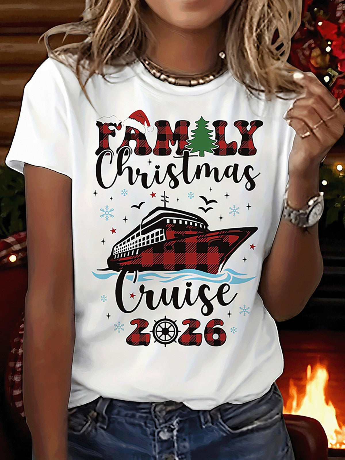2026 Family Christmas Cruise T-Shirt, Plaid Ship Holiday Graphic Tee