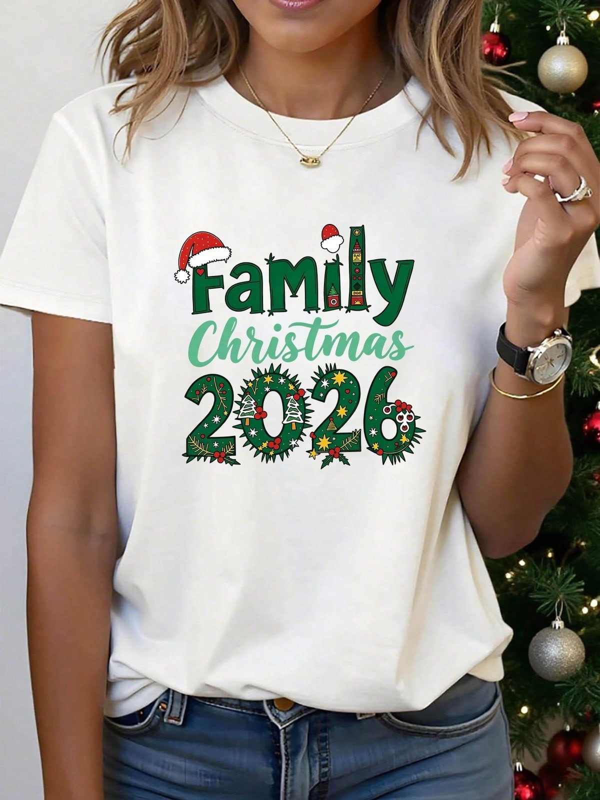 FAMILY Christmas 2026 Letter Print T-Shirt, Short Sleeve Crew Neck Casual Top