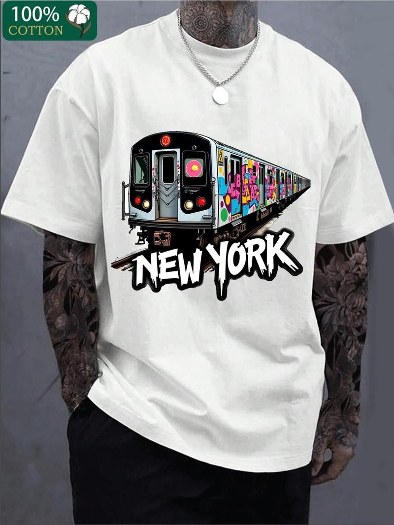 New York Subway Graffiti Print Breathable Regular Short Sleeve Crew Neck Casual