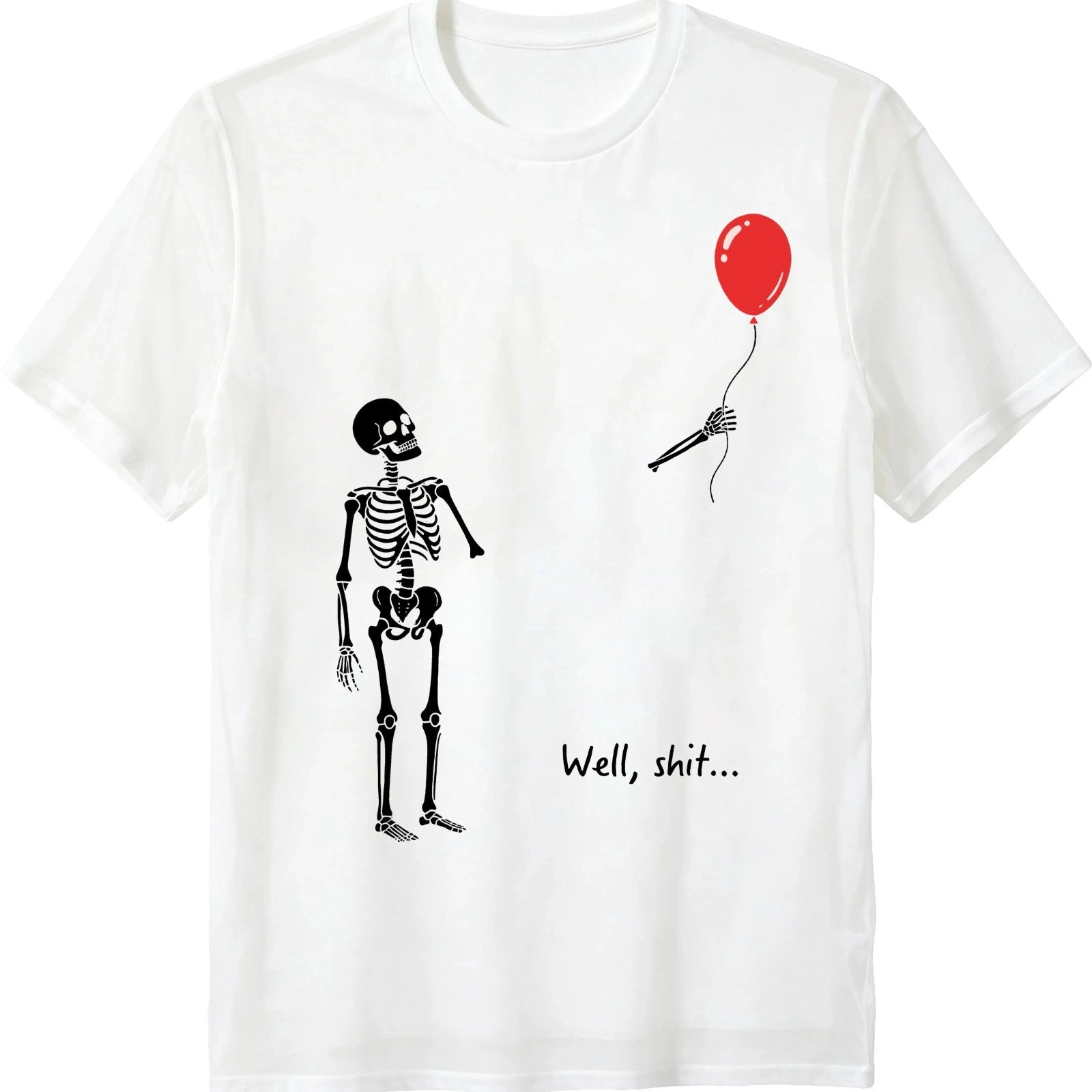 Funny Skeleton Red Balloon Graphic Tee Halloween Skeleton Art Casual T Shirt`