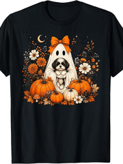 Halloween Ghost Puppy Short Sleeve Tee Ghost with Orange Bow Pumpkins Wildflower