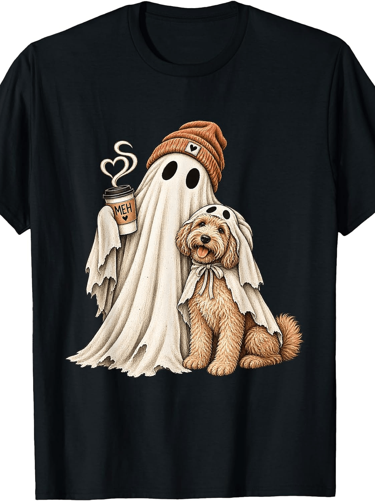 Halloween Ghost Doodle Dog Short Sleeve Ghost Holding Coffee Cute Spooky Shirt