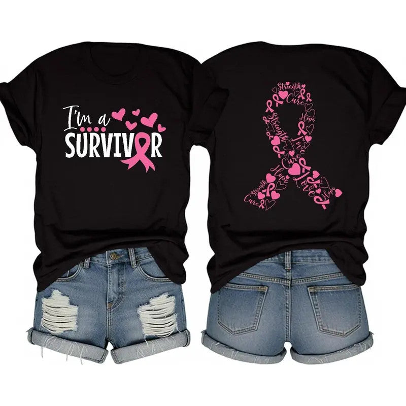 Women's Lightweight Cotton Short-Sleeve Tshirt - Pink Ribbon & Heart Detail
