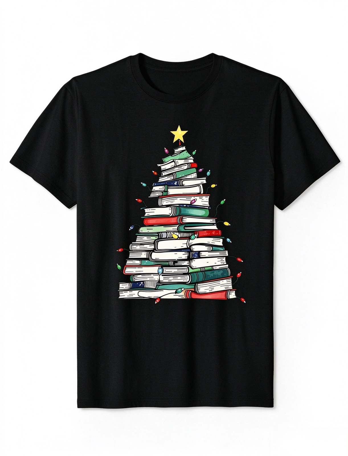 Christmas Tree Book Tee Bookworm Library Holiday Crew Neck White Short Sleeve