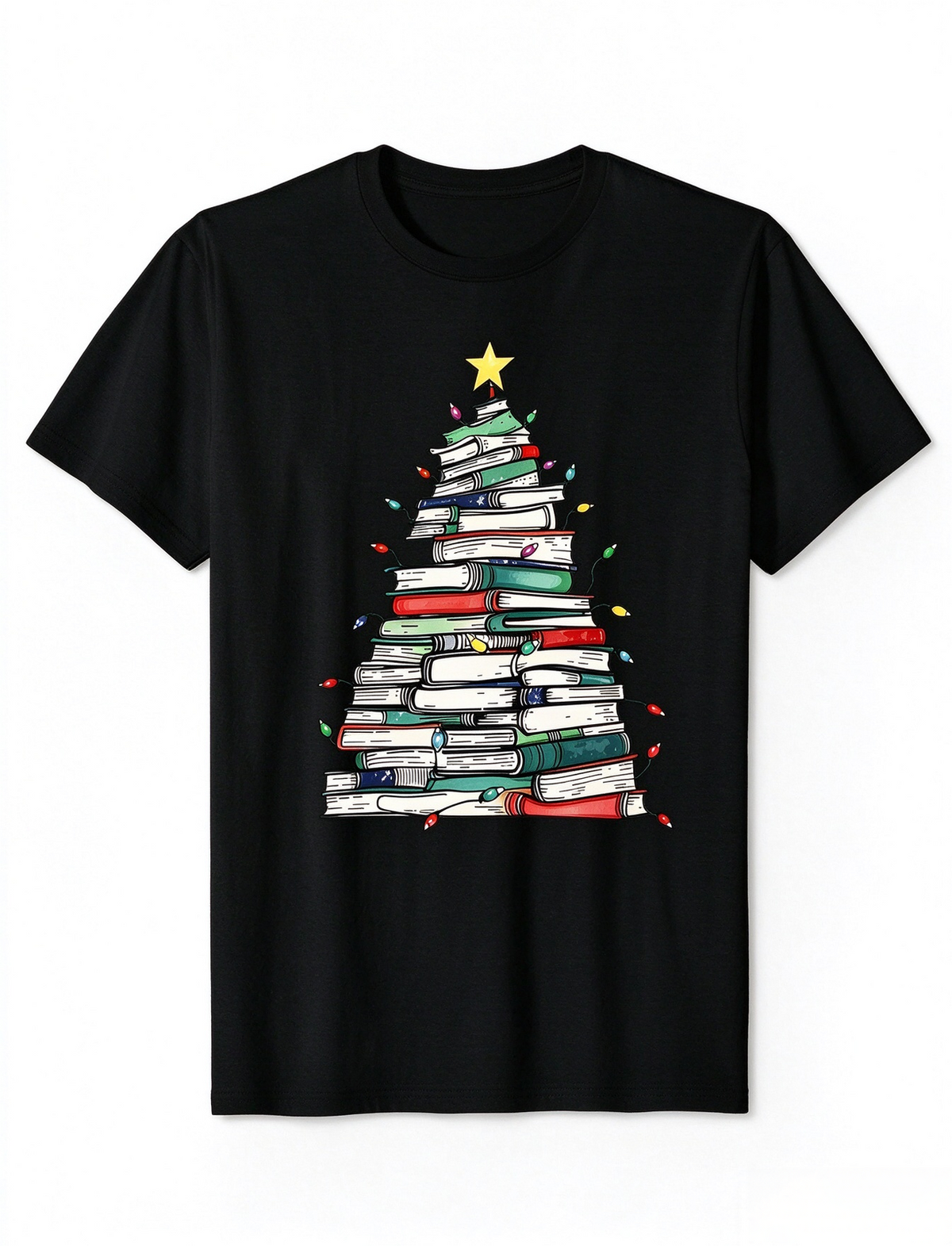 Christmas Tree Book Tee Bookworm Library Holiday Crew Neck White Short Sleeve