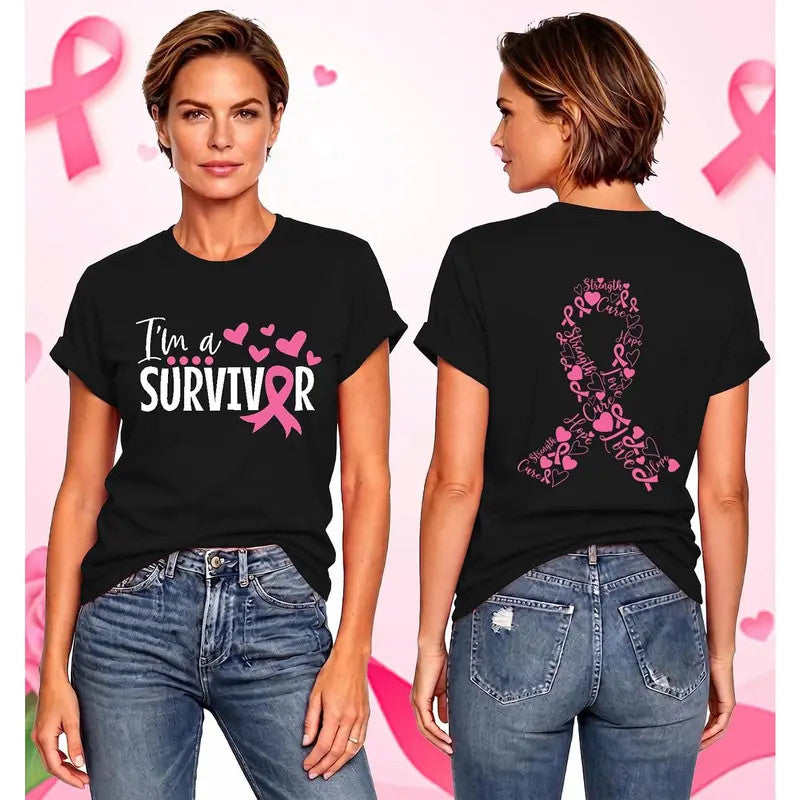 Women's Lightweight Cotton Short-Sleeve Tshirt - Pink Ribbon & Heart Detail
