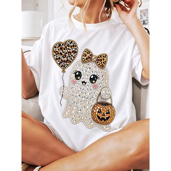 Women's T-Shirt Cute Ghost With Leopard Balloon And Pumpkin T-Shirts