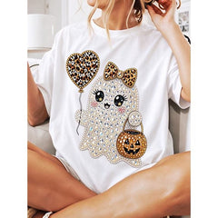 Women's T-Shirt Cute Ghost With Leopard Balloon And Pumpkin T-Shirts