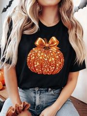 Women's Glitter Pumpkin Bow Graphic T-Shirt, Fall Thanksgiving Pumpkin Tee