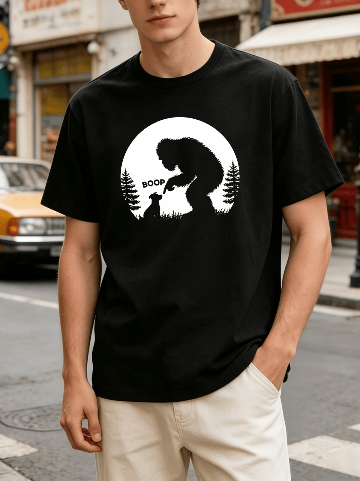 Artsadd Bigfoot Boop Dog T-Shirt, Pine Tree Full Moon Silhouette Graphic