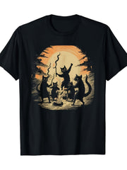 Halloween Black Cats Campfire Ritual Short Sleeve Tee Vintage Woodcut Style Cat