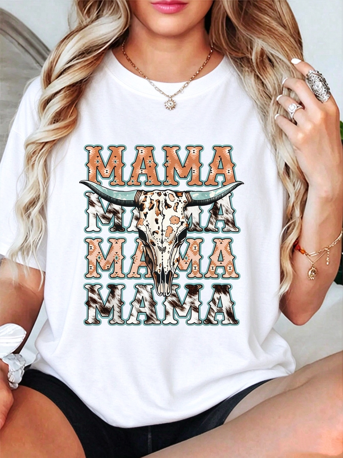 100% Cotton Mama Western Retro Groovy Cow Skull Country Rodeo Mother Day T-Shirt