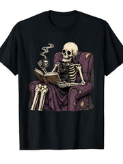 Gothic Skeleton Tee, Black Cat Reading Book Coffee Black Short Sleeve Crew Neck