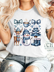 Winter Christmas T-Shirt, Snowman Reindeer Tree Bow Coffee Graphic Tee
