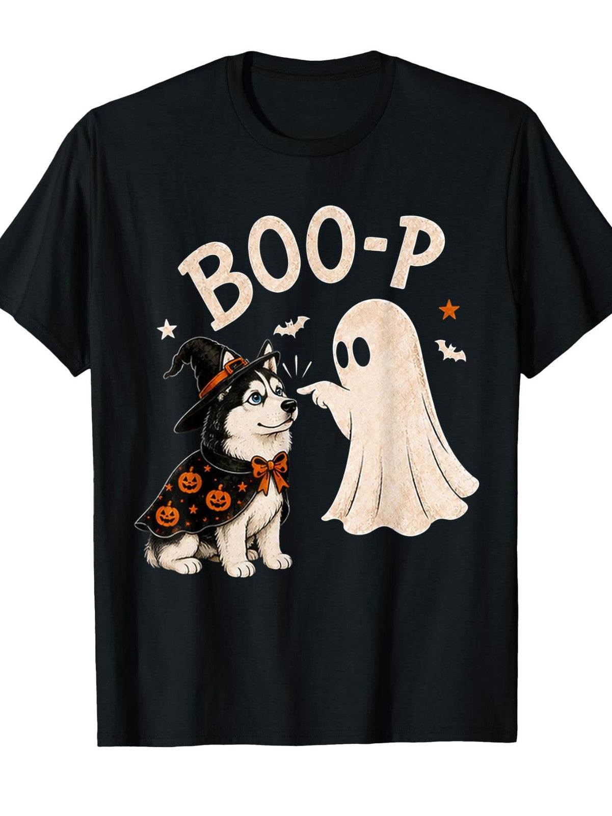 Halloween Husky Witch Cape Short Sleeve Tee Boo-P Ghost Bats Dog Lover Shirt