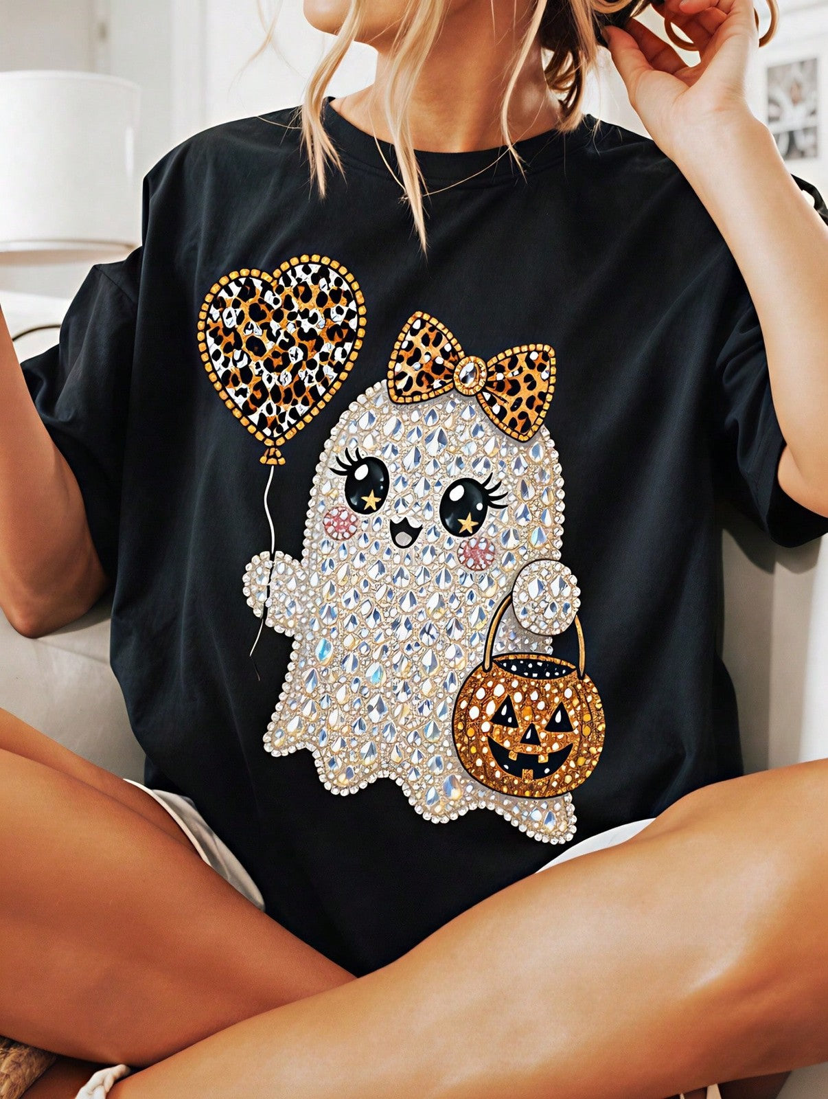 Women's T-Shirt Cute Ghost With Leopard Balloon And Pumpkin T-Shirts