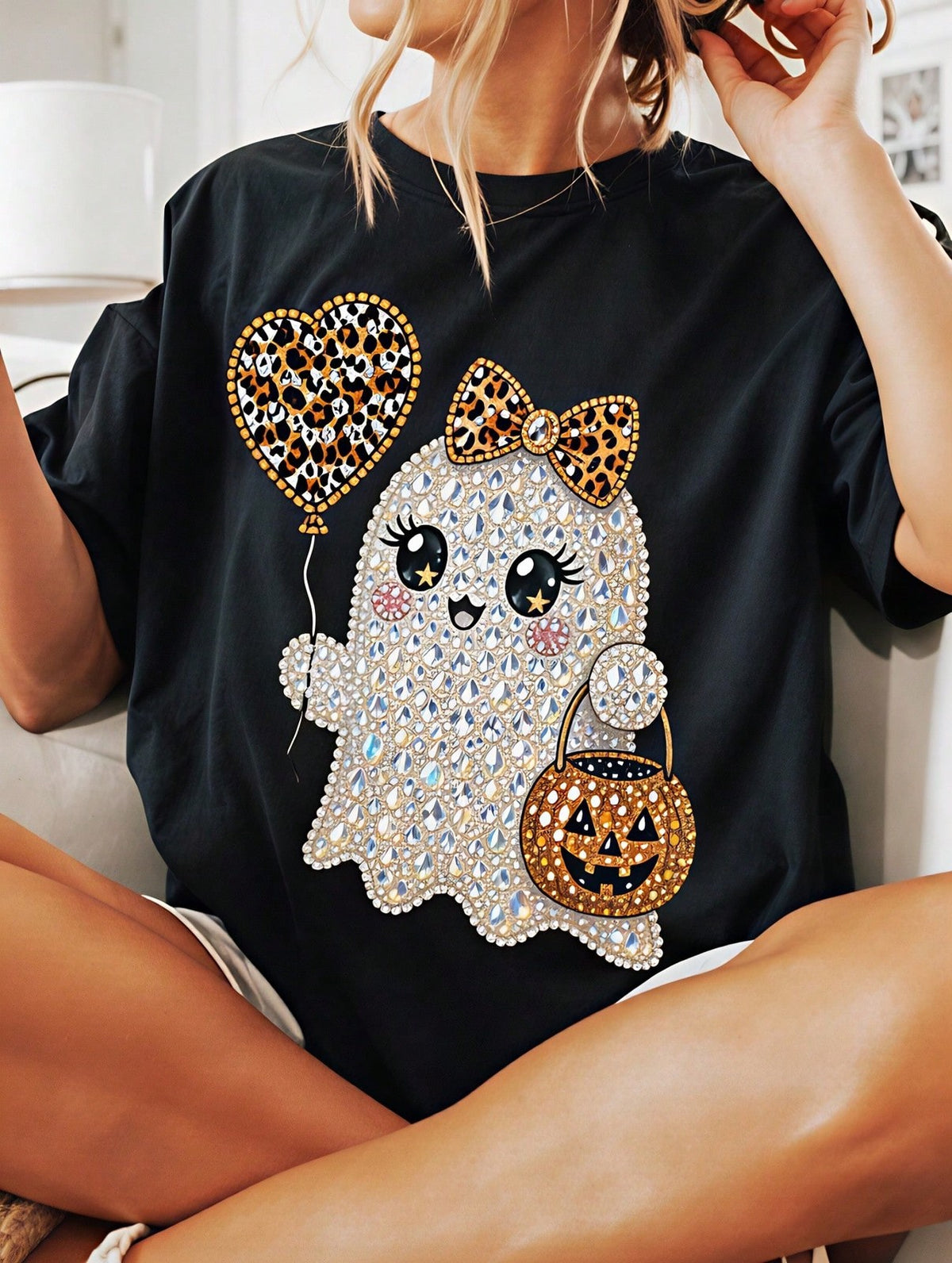 Women's T-Shirt Cute Ghost With Leopard Balloon And Pumpkin T-Shirts