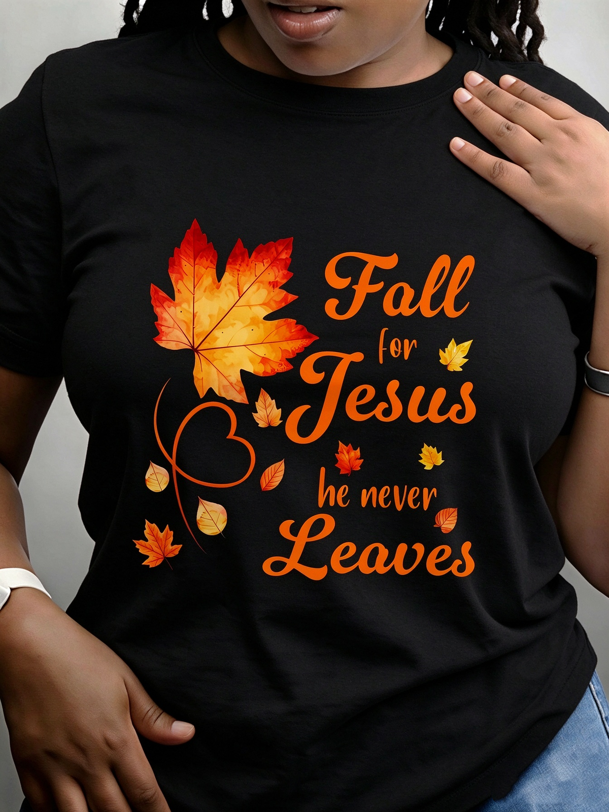 Women's Fall For Jesus He Never Leaves Graphic T-Shirt