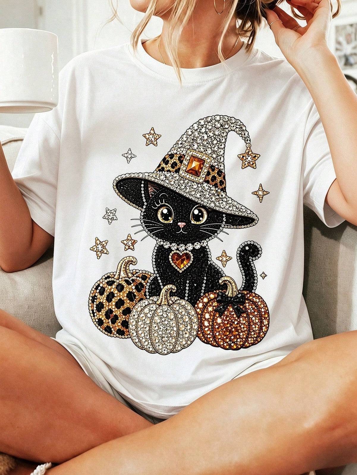 Women Halloween Cute Rhinestone Pearl Black Cat WitchHat Bow Print Crew Neck Tee