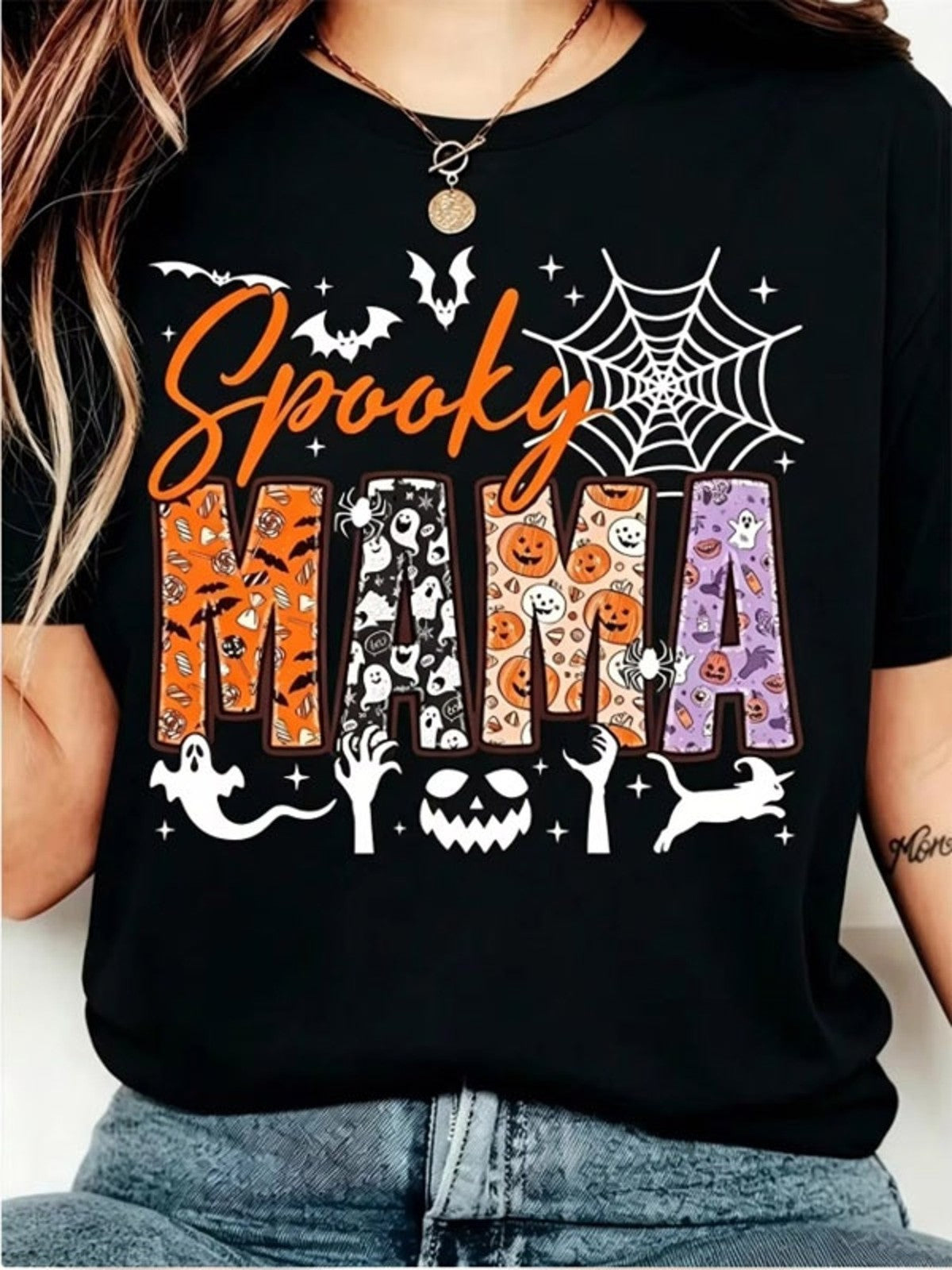 Women's Spooky Mama Halloween Graphic T-Shirt with Bats and Ghosts Print